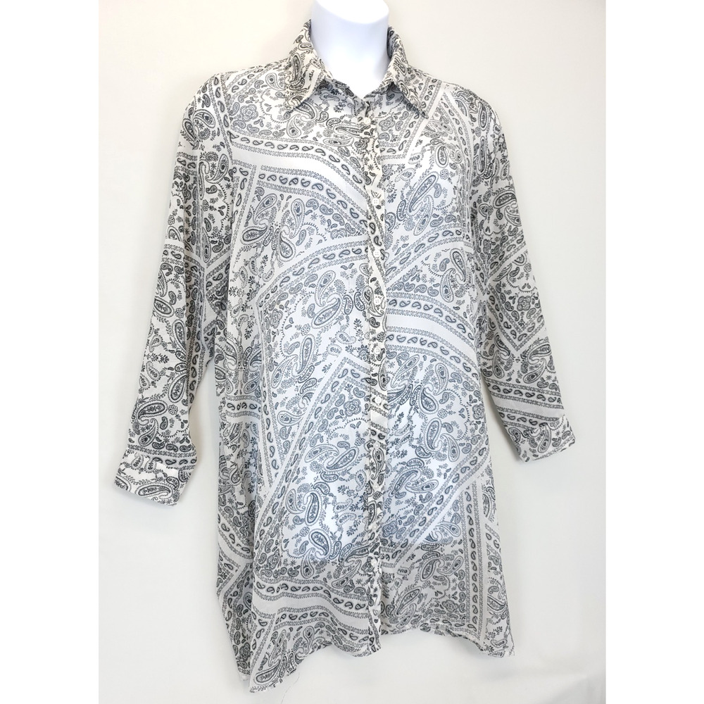 Live 4 Truth Sheer Shirt Dress Paisley Button Up Black‎ White Women L Coverup